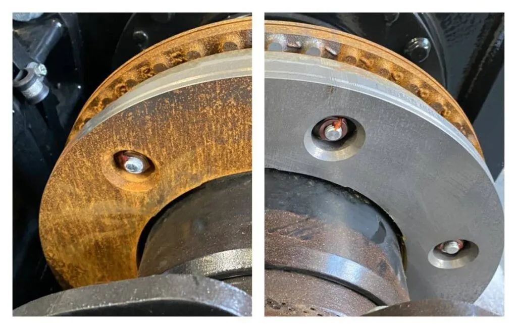 Before and after laser cleaning on circular metal flange showing rust removal